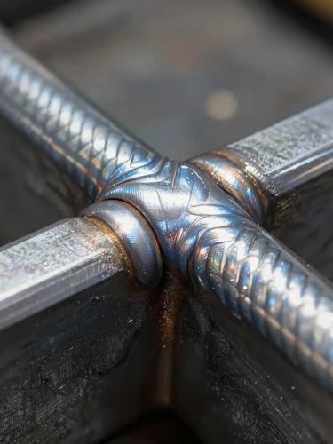 Extreme macro shot of a flawless structural steel weld profile, high-contrast industrial shop lighting highlighting the raw metallic texture and precise bead patterns