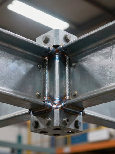 A crisp close-up of a massive structural steel connection with high-precision bolt patterns and perfect weld profiles, dramatic overhead shop lighting