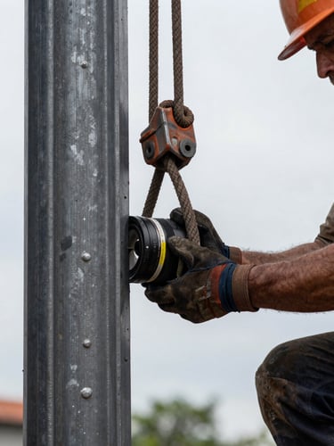 A close-up high-contrast shot of a heavy steel column being guided into place by a union ironworker, heavy rigging cables tight, overcast sky background