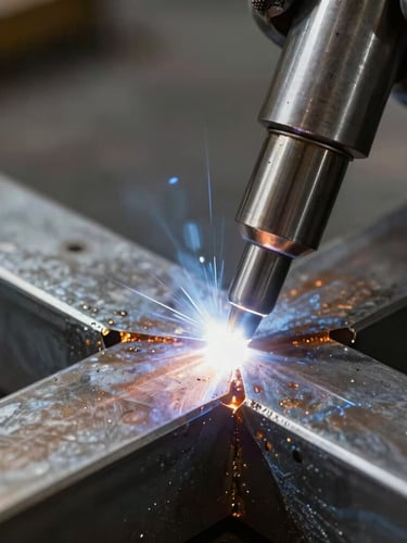 Extreme macro shot of a flawless, continuous TIG weld on raw structural steel, high-contrast shop lighting highlighting the metallic texture
