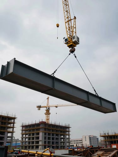 Tight-radius crane pick of heavy structural steel girder in a dense urban construction site, overcast sky, dramatic high-contrast lighting.