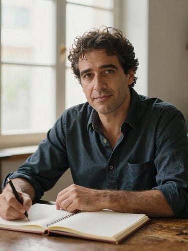 Warm portrait of a Spanish male writer in his late 30s, soft natural window light, sitting at a rustic wooden desk with open notebooks, low depth of field, 35mm photography