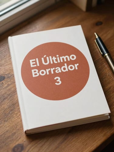 A clean book cover with a warm terracotta geometric circle, titled 'El Último Borrador', placed on a wooden desk with a vintage pen, soft window light, portrait aspect