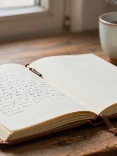 An open vintage leather notebook on a rustic wooden desk, handwritten notes in elegant ink, a ceramic mug with soft steam rising, warm lateral window light, 35mm photography