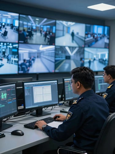 A high-tech security command center in New Delhi, professional operators in clean dark uniforms monitoring surveillance screens under sharp, cool blue lighting, crisp depth of field