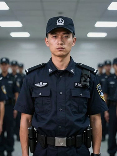 A sharp, eye-level portrait of a professional security guard in a clean navy uniform, standing at attention in a structured training facility, cool studio lighting.