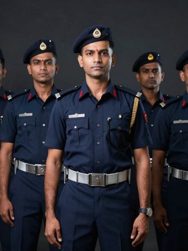 A sharp, eye-level portrait of disciplined Indian security personnel standing in crisp navy uniforms in a structured formation, cool studio lighting, deep navy tones.