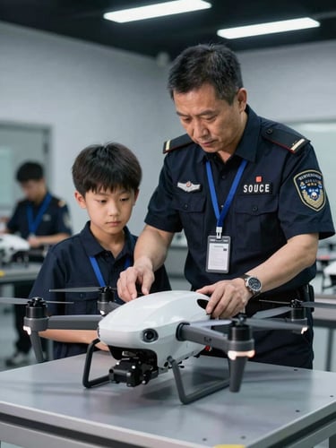 A veteran security instructor guiding a young drone operator in a structured training facility, high-contrast cool lighting, professional atmosphere.