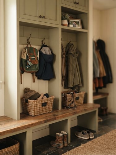 Realistic mudroom drop-zone with labeled bins and hooks, a child's backpack hanging, soft diffused natural light, muted earth tones, shallow depth of field, realistic home interior.