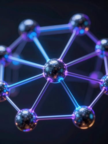 Macro shot of abstract 3D nodes with glowing network connections, high-contrast synthetic backlighting with electric blue and purple edge glows, dark metallic textures