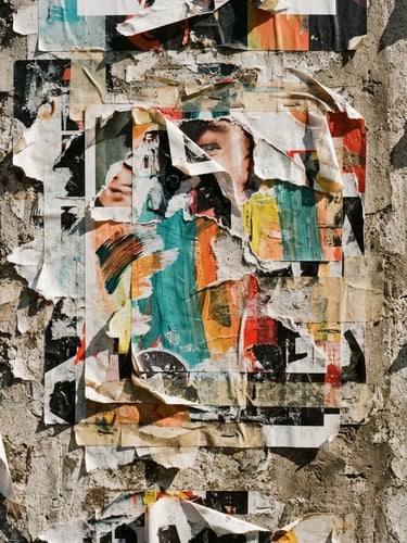 Extreme close-up of physical wild postings layered on a gritty concrete city wall, harsh direct sunlight, high-contrast shadows, 35mm film style.