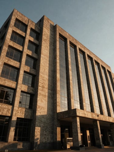 Low-angle heroic perspective of a massive concrete and glass institutional building in India, dramatic golden-hour sunlight casting deep geometric shadows, premium architectural photography style