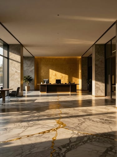 Symmetrical wide-angle perspective of a luxury minimalist office interior with marble floors and gold-veined accents, sharp shadows, premium architectural photography.