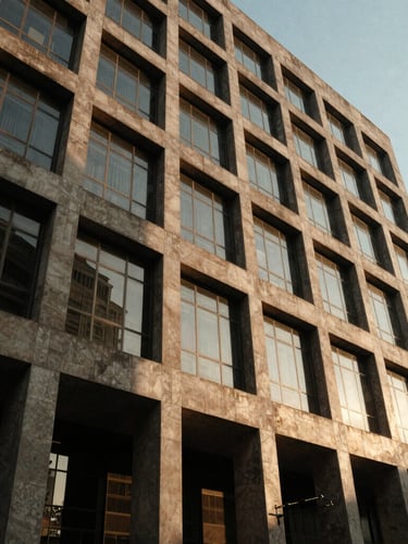 Low-angle heroic perspective of a modern institutional concrete and glass building facade in Delhi, dramatic golden-hour sunlight casting deep geometric shadows, premium architectural photography.