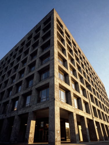 Low-angle architectural perspective of a brutalist concrete banking headquarters, dramatic sunlight casting sharp geometric lines, premium architectural photography