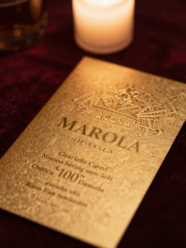 Moody editorial close-up of a luxury marsala and gold invitation card resting on a dark velvet surface, soft warm candlelight glow, shallow depth of field