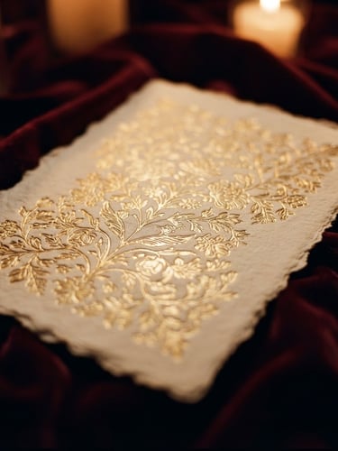 Moody editorial photography, close-up of a delicate gold foil invitation resting on deep marsala velvet, warm candlelight glow, shallow depth of field