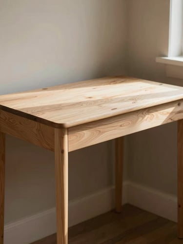 A slim white oak writing desk placed in a sunlit residential corner, soft directional afternoon daylight, warm editorial photography, 35mm