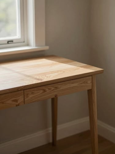 Warm editorial photography of a slim white oak writing desk in a sunlit residential corner, soft natural window light, 35mm