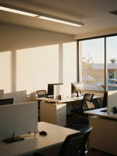Warm editorial photography of a modern office interior on Pennington Street in Tucson, bright Arizona golden-hour light illuminating clean desks and sand-toned walls, 35mm