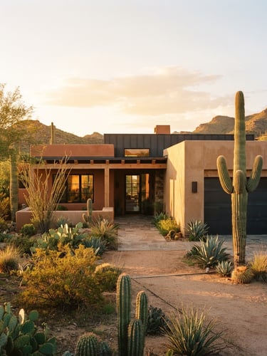 Warm editorial photograph of a modern Tucson home exterior with clean stucco walls and desert landscaping under bright Arizona golden hour sunlight, 35mm
