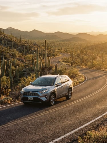 A clean modern SUV driving along a winding desert road through Saguaro National Park, towering saguaro cacti, warm golden hour sunlight casting long shadows, 35mm photography.