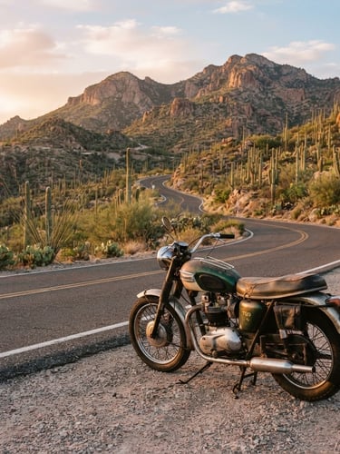 A vintage motorcycle parked on the side of a winding mountain highway leading up Mount Lemmon, giant saguaro cacti in the background, warm Arizona golden hour light, 35mm photography.