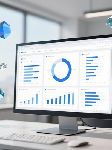 Sleek analytics dashboard on a large monitor in a modern, sunlit office, with abstract 3D glass-like geometry floating around, shallow depth of field.