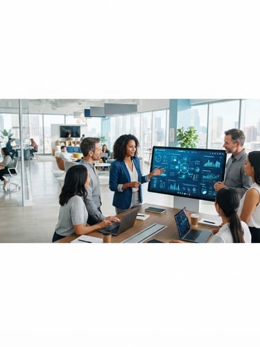 Wide panoramic shot of a sleek, modern office interior with diverse team members collaborating around interactive screens, bright natural daylight, clean white and sky blue tones, shallow depth of field, 50mm lens, architectural framing. A prominent digital dashboard is visible on a large screen.