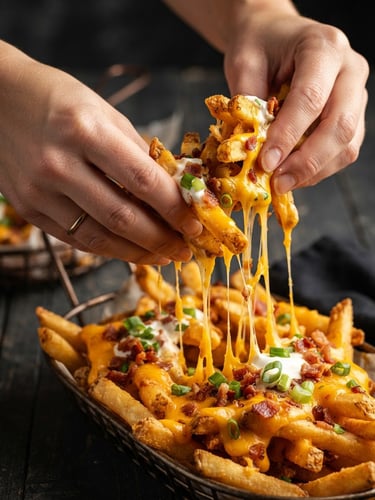 Extreme close-up of hands grabbing crispy loaded fries dripping with cheddar cheese, warm high-contrast food photography, dark wood background, saturated yellow tones