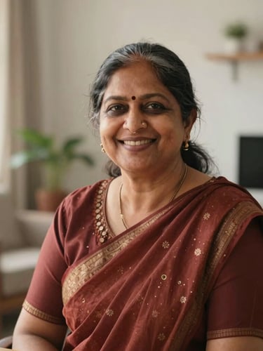 Warm portrait of Coach Asha Gyanchandani, an Indian woman in her 50s, smiling warmly, in a modern, bright home office with soft morning light, shallow depth of field.