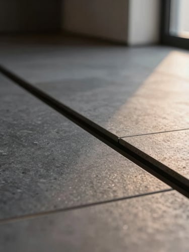 Extreme close-up architectural photography of a concealed linear drain flush with monolithic charcoal stone tile, warm side lighting highlighting the precise mitered edge