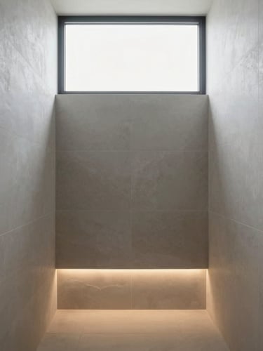 Straight-on architectural photography of a minimalist bathroom wet room, monolithic light gray stone tiles, concealed warm LED glow, soft natural light from a high window
