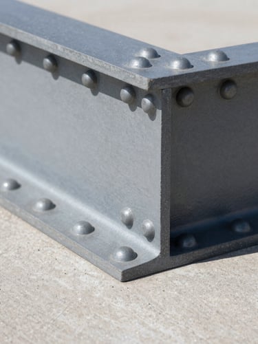 Extreme close-up of a structural steel I-beam join, bolted with heavy rivets, crisp natural daylight casting sharp shadows on concrete, 35mm architectural photo.