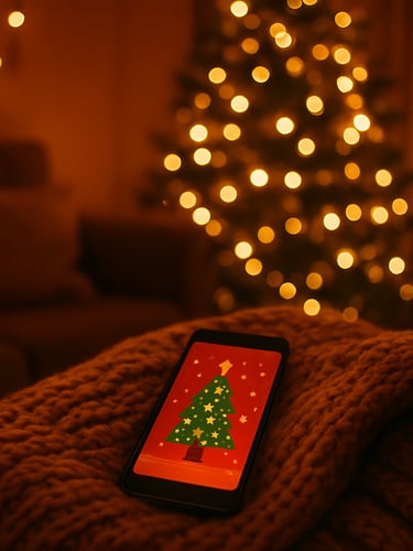 Cozy living room illuminated by the warm amber glow of holiday lights, a smartphone displaying a festive app interface rests on a thick knitted blanket, soft-focus Christmas tree in the background, warm cozy photography, shallow depth of field, 35mm film.