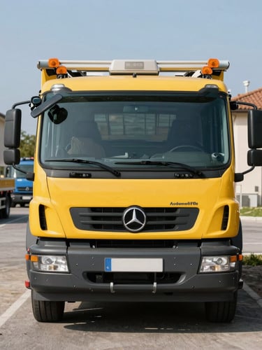 Straight-on eye-level shot of the clean yellow tow truck of Autodemolizioni Rossetti parked in the organized yard in Nettuno, bright natural daylight, crisp details