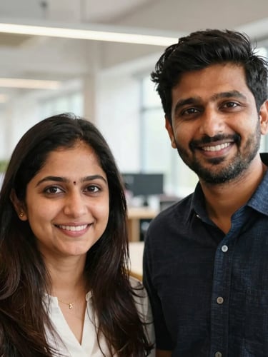 Medium close-up portrait of founders Harshita and Suryadeep smiling in a bright, sunlit modern workspace, warm editorial photography, shallow depth of field, 35mm