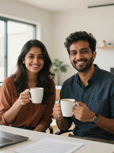 Warm candid portrait of founders Harshita and Suryadeep smiling in a bright, daylight-filled modern home office, holding coffee mugs, professional and approachable, 35mm photography