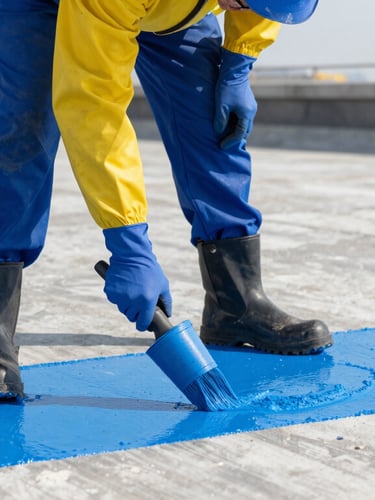 Medium close-up of a waterproofing technician in safety gear applying blue PU coating to a clean concrete rooftop in bright daylight.