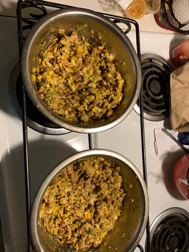 Two stainless steel bowls filled with nutritious homemade dog food featuring meat, vegetables, and rice.