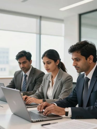 A bright, modern New Delhi corporate office with professional Indian advisors collaborating over laptops, natural daylight, sharp focus, 35mm.