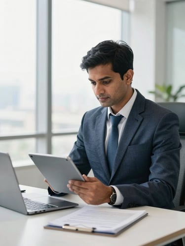 A professional Indian corporate consultant in a bright, modern New Delhi office, reviewing documents on a tablet, natural daylight, clean workspace
