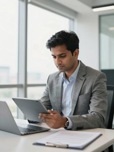 A professional Indian corporate consultant in a bright, modern New Delhi office, reviewing documents on a tablet, natural window light, 35mm