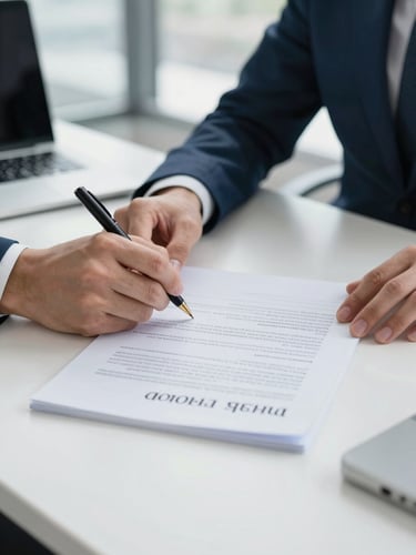 Close-up of hands signing a corporate contract on a clean slate desk, professional setting, bright natural daylight, sharp focus