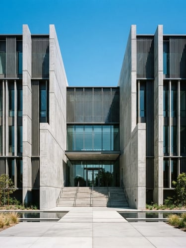 Symmetrical architectural shot of a modern concrete and metal structure, bright natural daylight, clean lines, high-contrast, professional portfolio style, 35mm