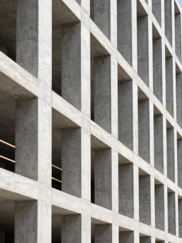 Architectural detail of a modern concrete building under construction, perfectly straight lines, organized materials in the background, bright natural daylight, 35mm