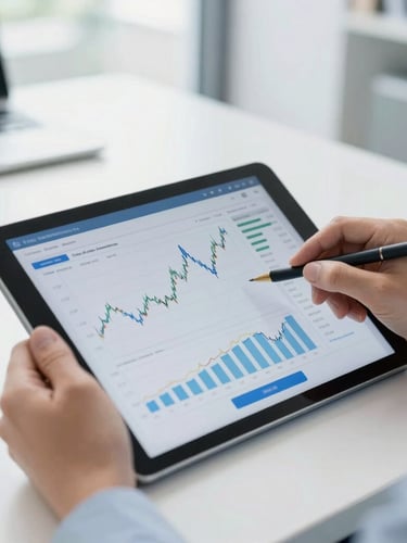 Close-up of a professional analyzing financial charts on a tablet in a bright daylight office, clean corporate photography