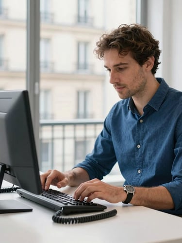 A professional French IT manager configuring a modern VoIP desk phone in a bright Parisian office, natural daylight, sharp focus, 35mm