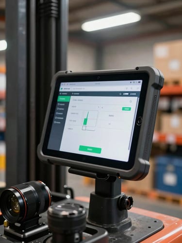 Close-up of a rugged Android tablet mounted on a warehouse forklift dashboard, app UI showing inventory scan interface on screen, even industrial fluorescent lighting, tight framing on device in real operational context