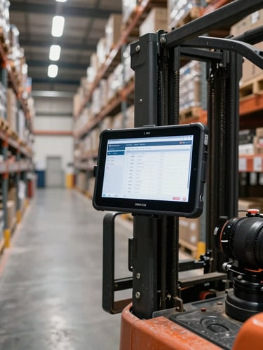 Wide environmental shot inside a working warehouse, a Zebra TC52 Android tablet mounted on a forklift arm displaying a live inventory count screen, tall shelving rows receding into the background, bright fluorescent overhead lighting, no people in frame